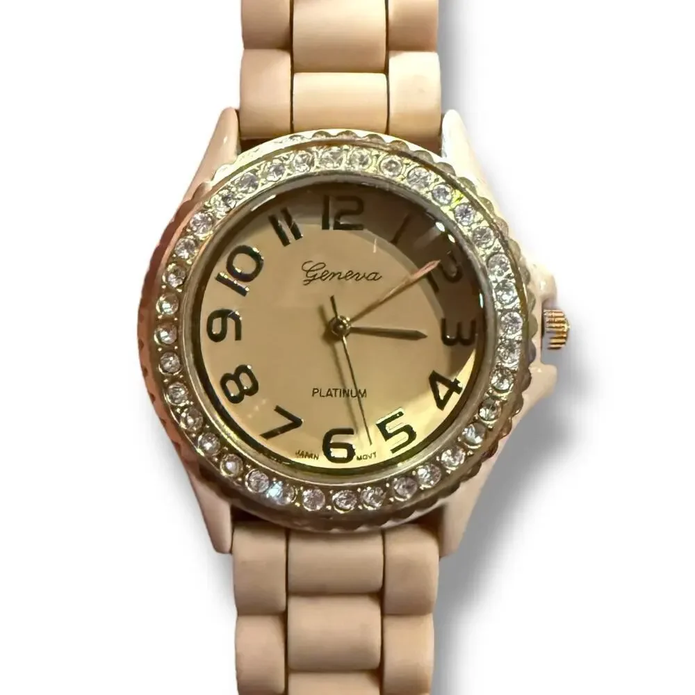 Geneva Platinum Rhinestone Encrusted Bezel Beige Rubber Strap Watch RUNS